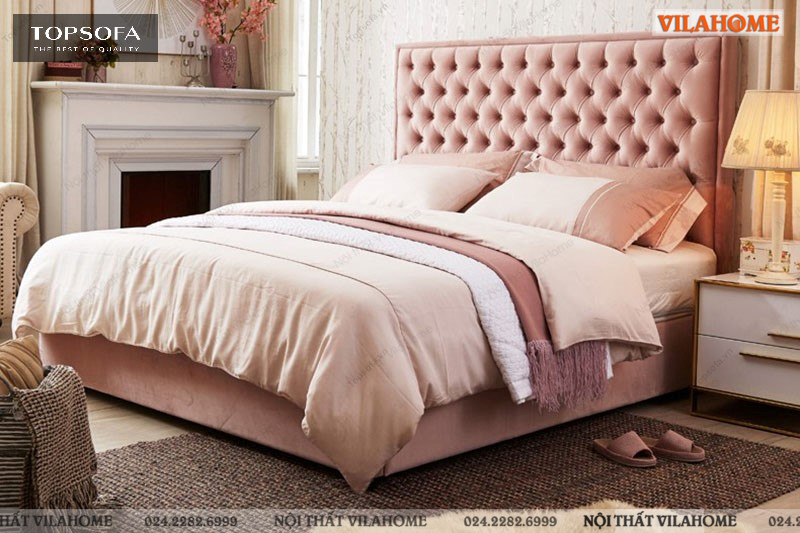 giường bọc nỉ màu hồng