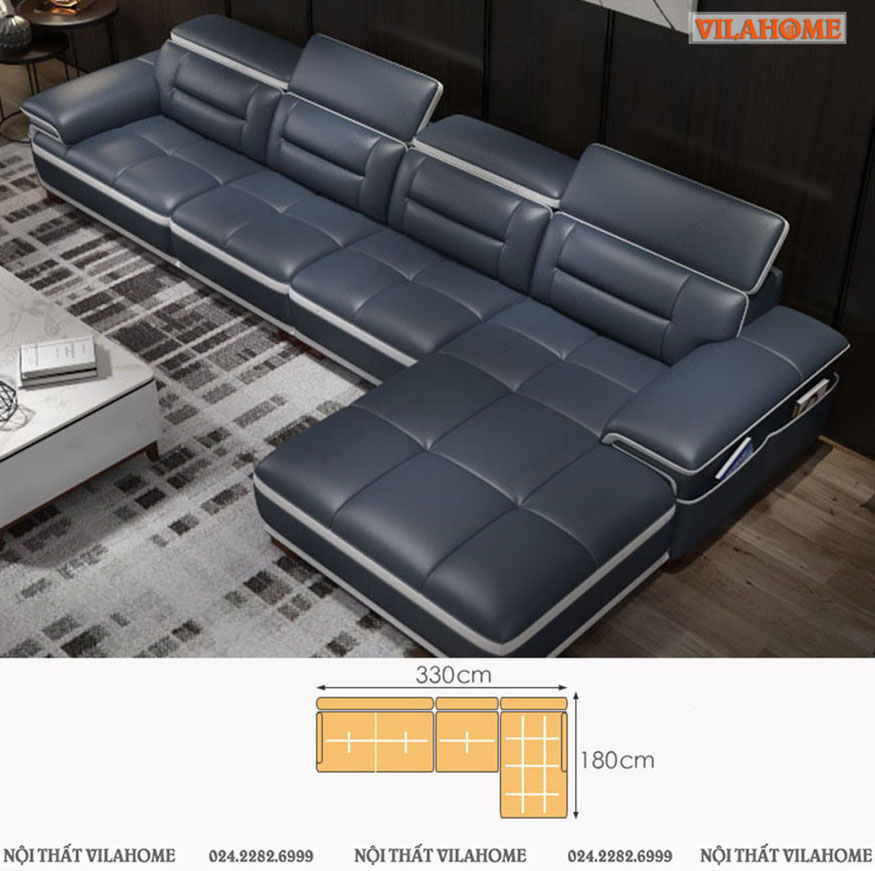 Kích thước sofa góc chữ L đệm vuông màu xanh đậm 
