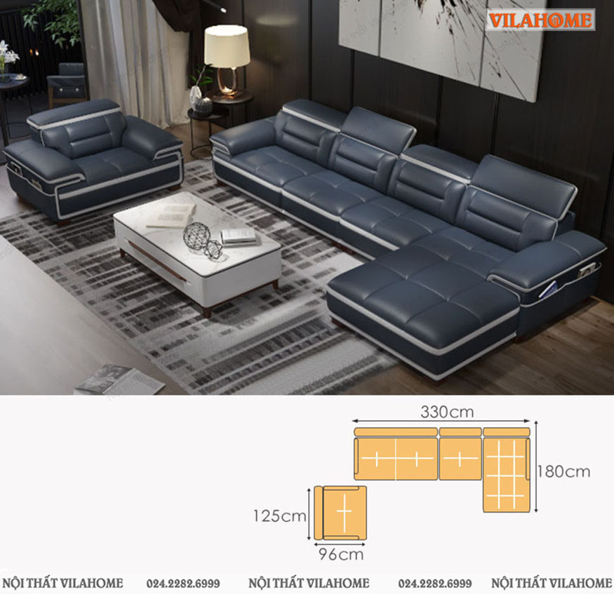 Kích thước sofa góc chữ L đệm ô vuông và ghế đơn màu xanh đậm