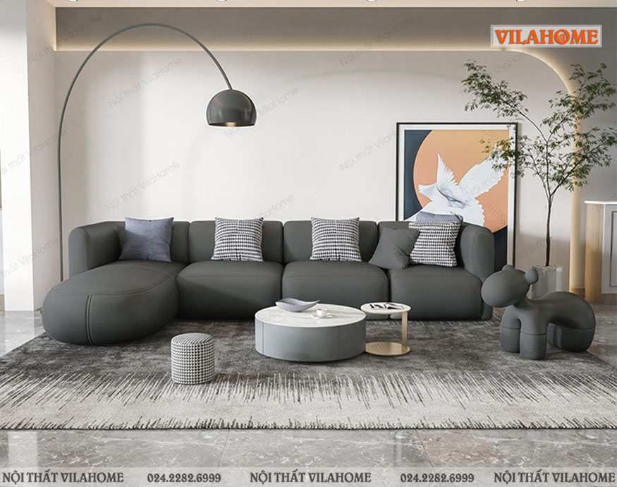 Bộ sofa Vilahome màu xám đậm với đường nét tinh tế và hiện đại giúp căn phòng của bạn mang đầy tính cao cấp và thời thượng