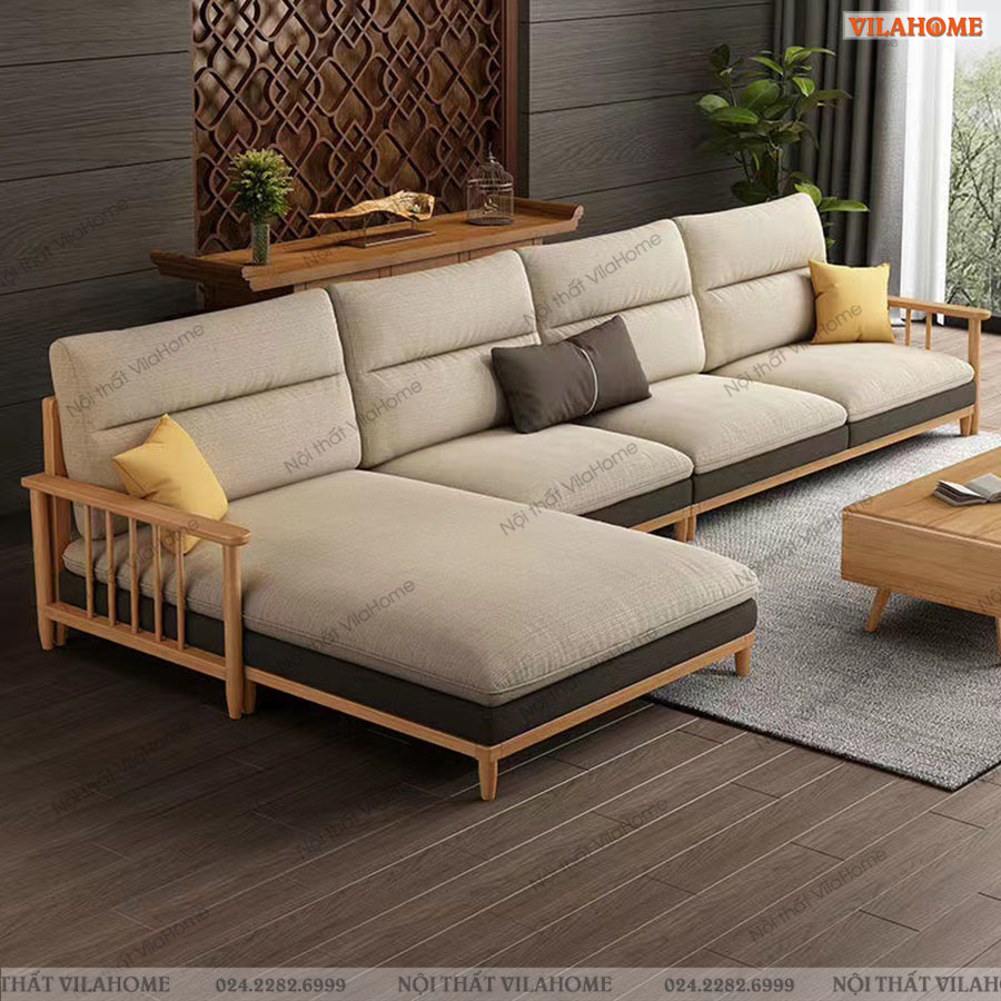 Bộ bàn ghế sofa đẹp Vilahome sofa màu be nhẹ nhàng, thanh khiết mang vẻ đẹp của sự hiện đại khiến phòng khách nhà bạn như trở nên bừng sáng, thu hút mọi người