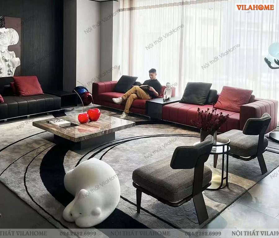 Sofa vải góc màu đỏ hiện đại cho phòng khách rộng