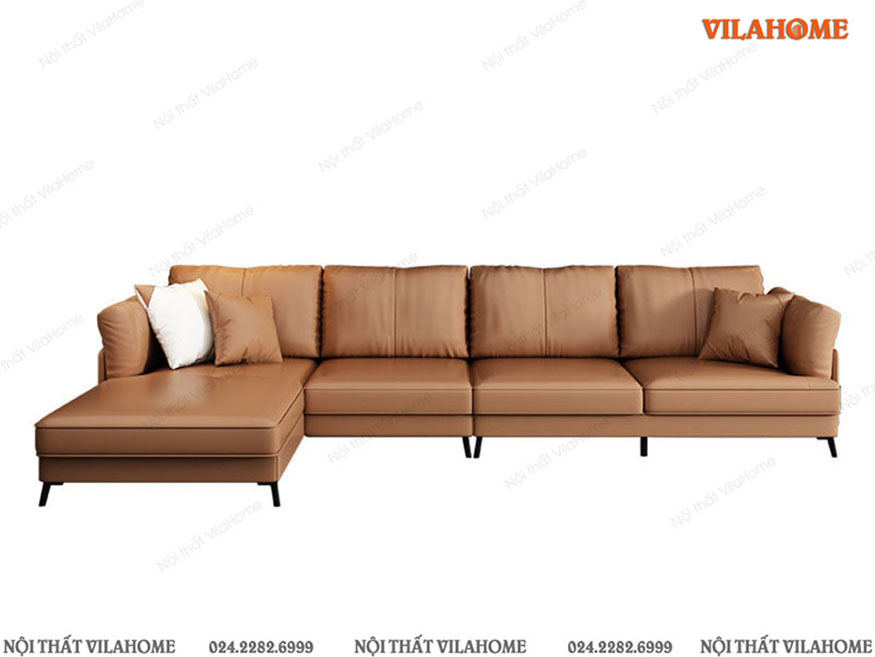 Chi tiết sofa góc chữ L màu nâu sáng đệm mỏng 