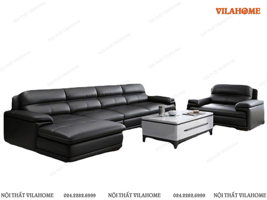 Sofa chữ L góc da màu đen dáng vuông đệm dày