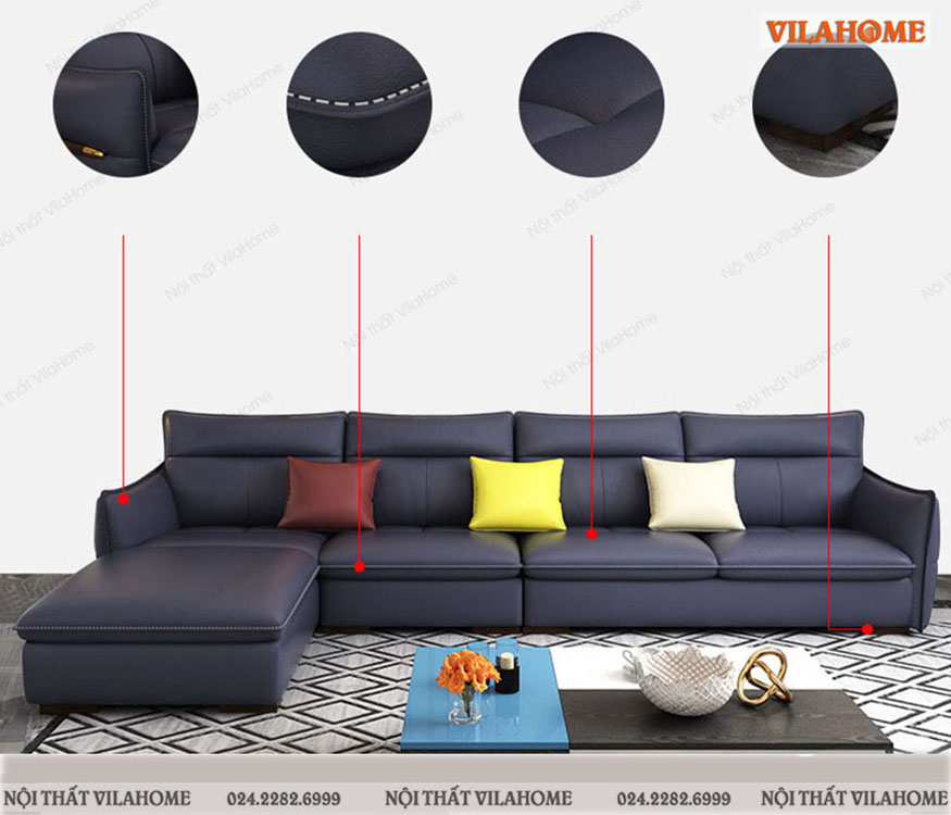 Chi tiết sofa góc L da màu tím 