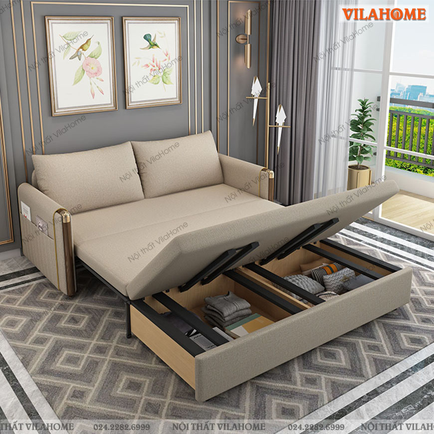 Giường thông minh kết hợp sofa màu be thanh lịch, nệm mút nhập khẩu